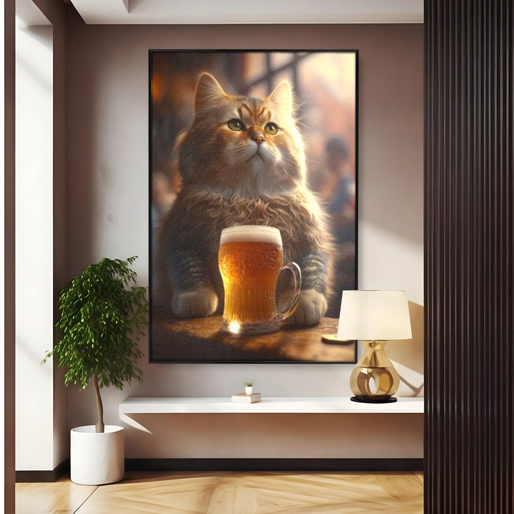 Tablou canvas cu tablou canvas cu motan pufos si halba de bere, in rama de aluminiu negru